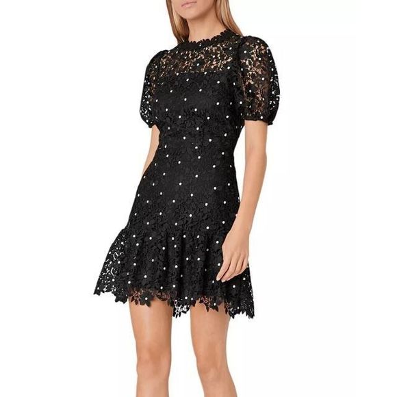 Milly 99YD99 Women's Sz 10 Black Yasmin Daisy Lace Ruffle Hem Mini Dress - Picture 1 of 15